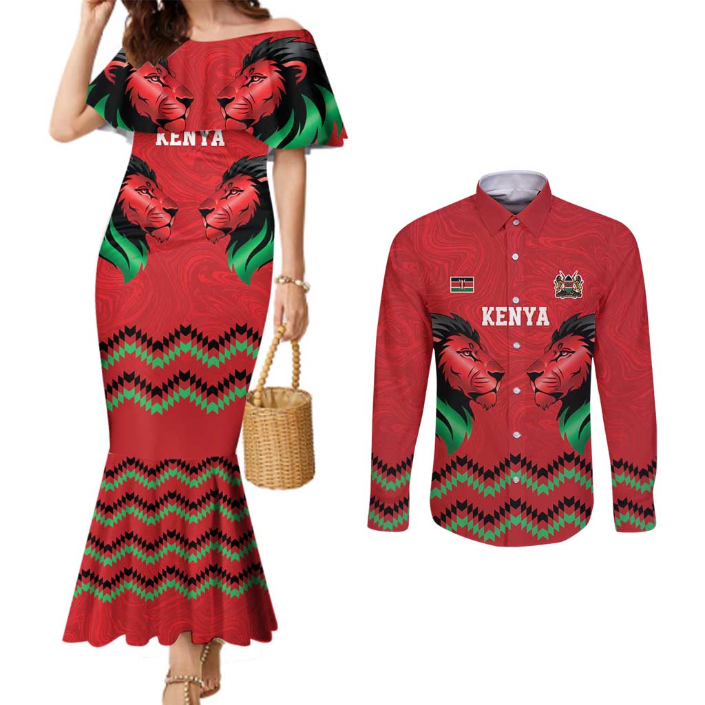 Kenya Cricket Custom Couples Matching Mermaid Dress and Long Sleeve Button Shirt Red Lion Head with Kenyan Pattern - Wonder Print Shop