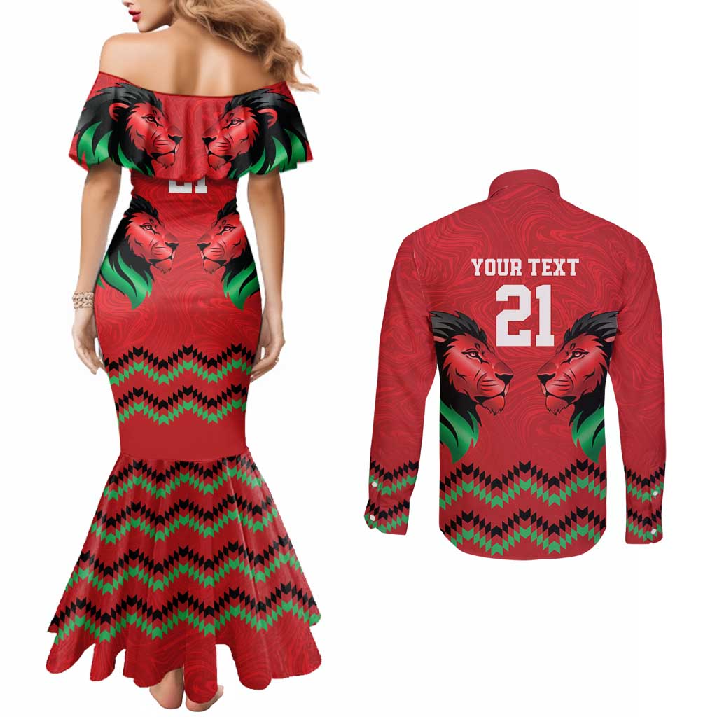 Kenya Cricket Custom Couples Matching Mermaid Dress and Long Sleeve Button Shirt Red Lion Head with Kenyan Pattern - Wonder Print Shop
