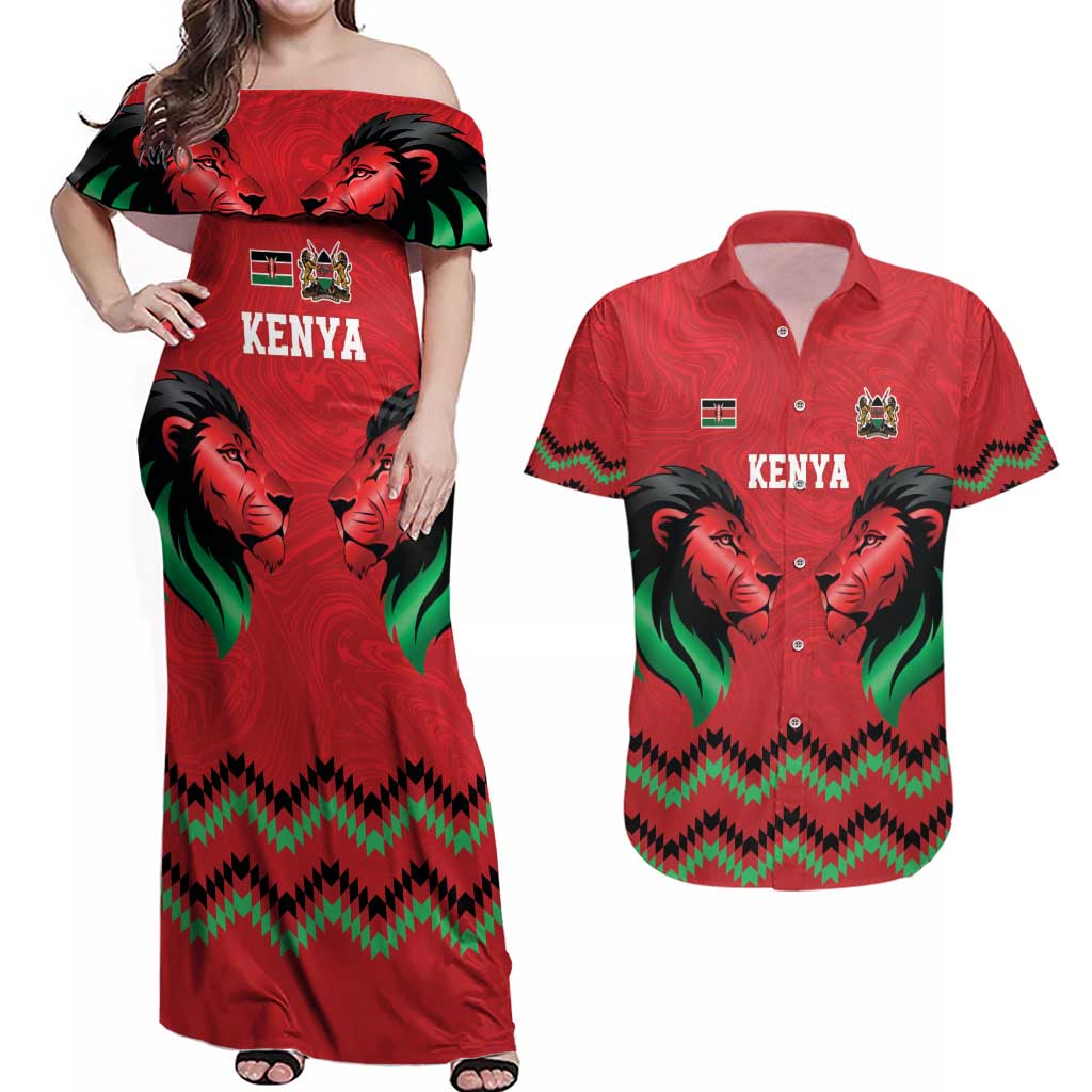 Kenya Cricket Custom Couples Matching Off Shoulder Maxi Dress and Hawaiian Shirt Red Lion Head with Kenyan Pattern - Wonder Print Shop