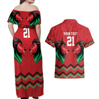Kenya Cricket Custom Couples Matching Off Shoulder Maxi Dress and Hawaiian Shirt Red Lion Head with Kenyan Pattern - Wonder Print Shop