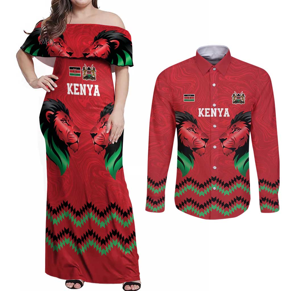 Kenya Cricket Custom Couples Matching Off Shoulder Maxi Dress and Long Sleeve Button Shirt Red Lion Head with Kenyan Pattern - Wonder Print Shop