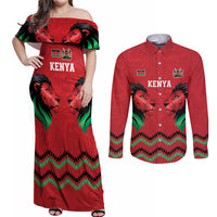Kenya Cricket Custom Couples Matching Off Shoulder Maxi Dress and Long Sleeve Button Shirt Red Lion Head with Kenyan Pattern - Wonder Print Shop