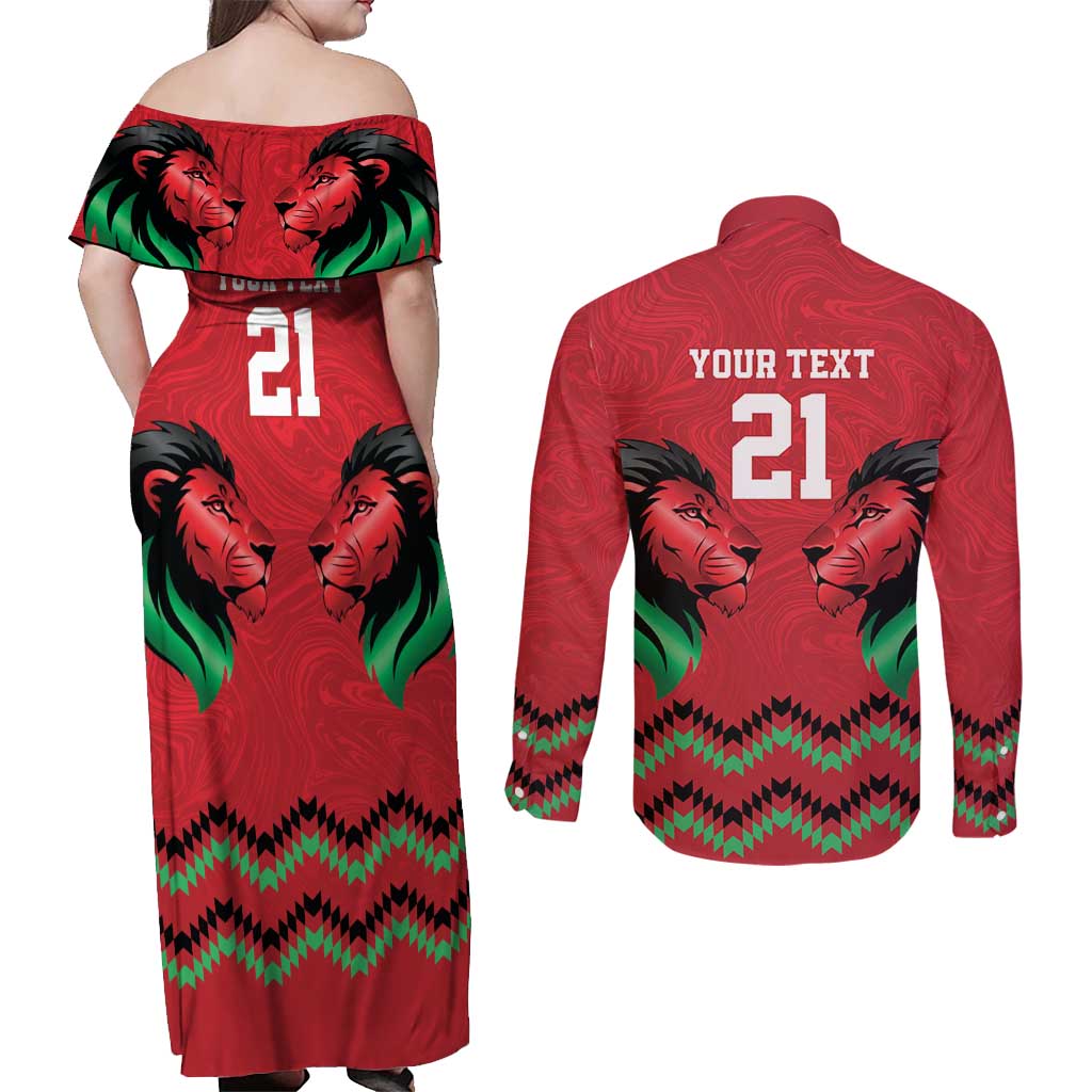Kenya Cricket Custom Couples Matching Off Shoulder Maxi Dress and Long Sleeve Button Shirt Red Lion Head with Kenyan Pattern - Wonder Print Shop