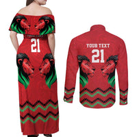 Kenya Cricket Custom Couples Matching Off Shoulder Maxi Dress and Long Sleeve Button Shirt Red Lion Head with Kenyan Pattern - Wonder Print Shop