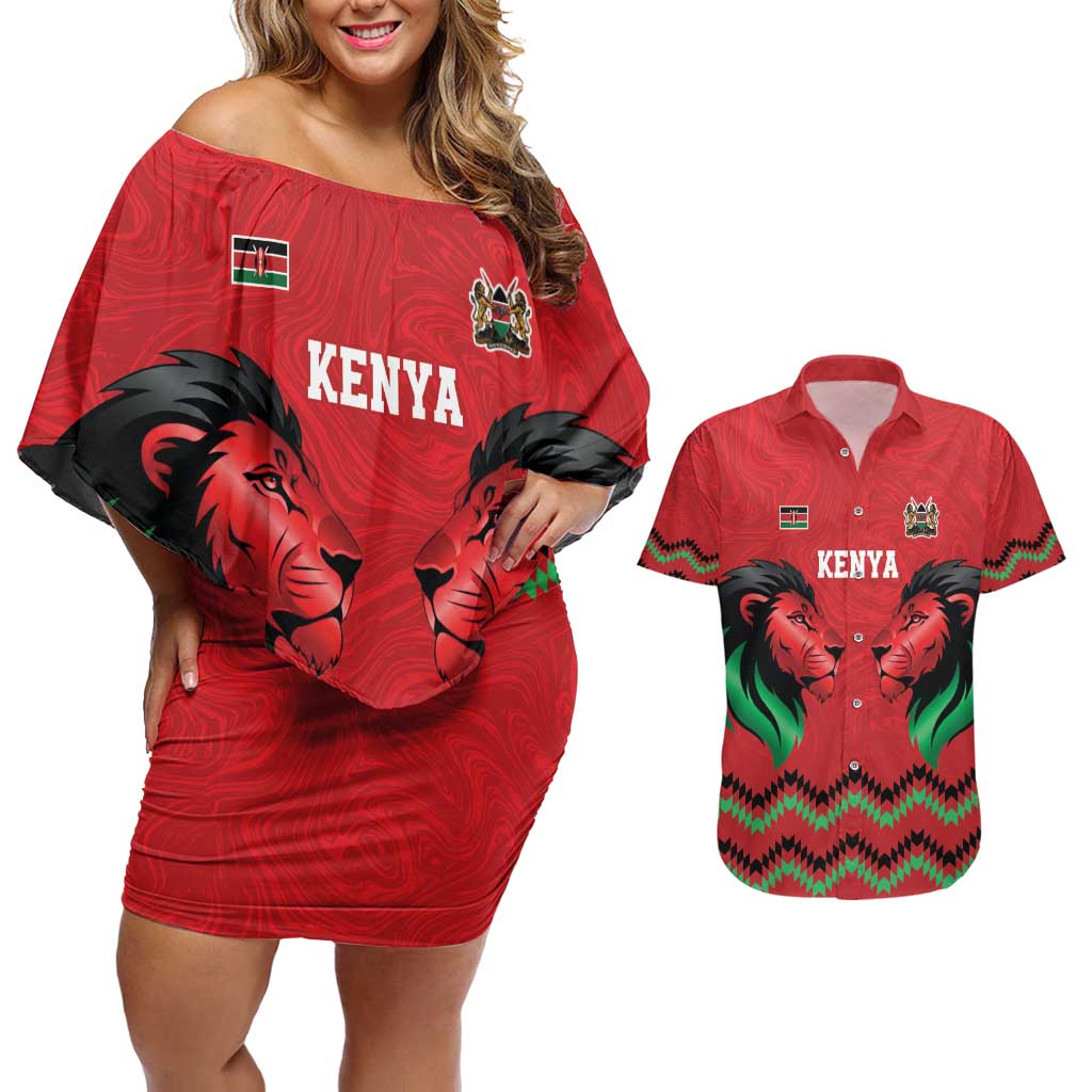 Kenya Cricket Custom Couples Matching Off Shoulder Short Dress and Hawaiian Shirt Red Lion Head with Kenyan Pattern - Wonder Print Shop