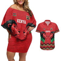Kenya Cricket Custom Couples Matching Off Shoulder Short Dress and Hawaiian Shirt Red Lion Head with Kenyan Pattern - Wonder Print Shop