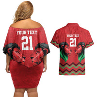 Kenya Cricket Custom Couples Matching Off Shoulder Short Dress and Hawaiian Shirt Red Lion Head with Kenyan Pattern - Wonder Print Shop