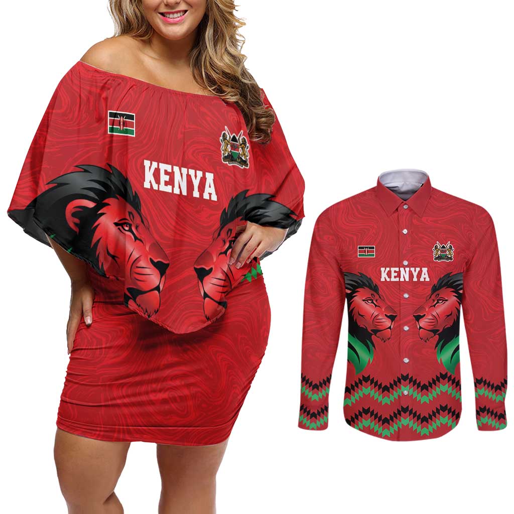 Kenya Cricket Custom Couples Matching Off Shoulder Short Dress and Long Sleeve Button Shirt Red Lion Head with Kenyan Pattern - Wonder Print Shop