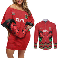 Kenya Cricket Custom Couples Matching Off Shoulder Short Dress and Long Sleeve Button Shirt Red Lion Head with Kenyan Pattern - Wonder Print Shop