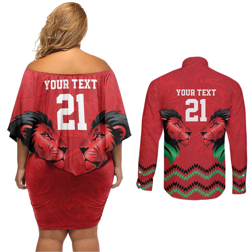 Kenya Cricket Custom Couples Matching Off Shoulder Short Dress and Long Sleeve Button Shirt Red Lion Head with Kenyan Pattern - Wonder Print Shop