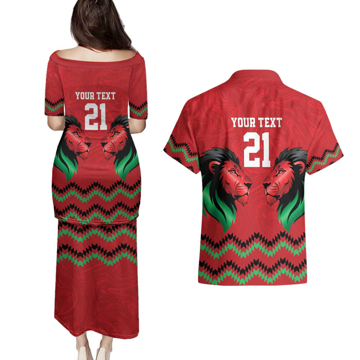 Kenya Cricket Custom Couples Matching Puletasi and Hawaiian Shirt Red Lion Head with Kenyan Pattern - Wonder Print Shop