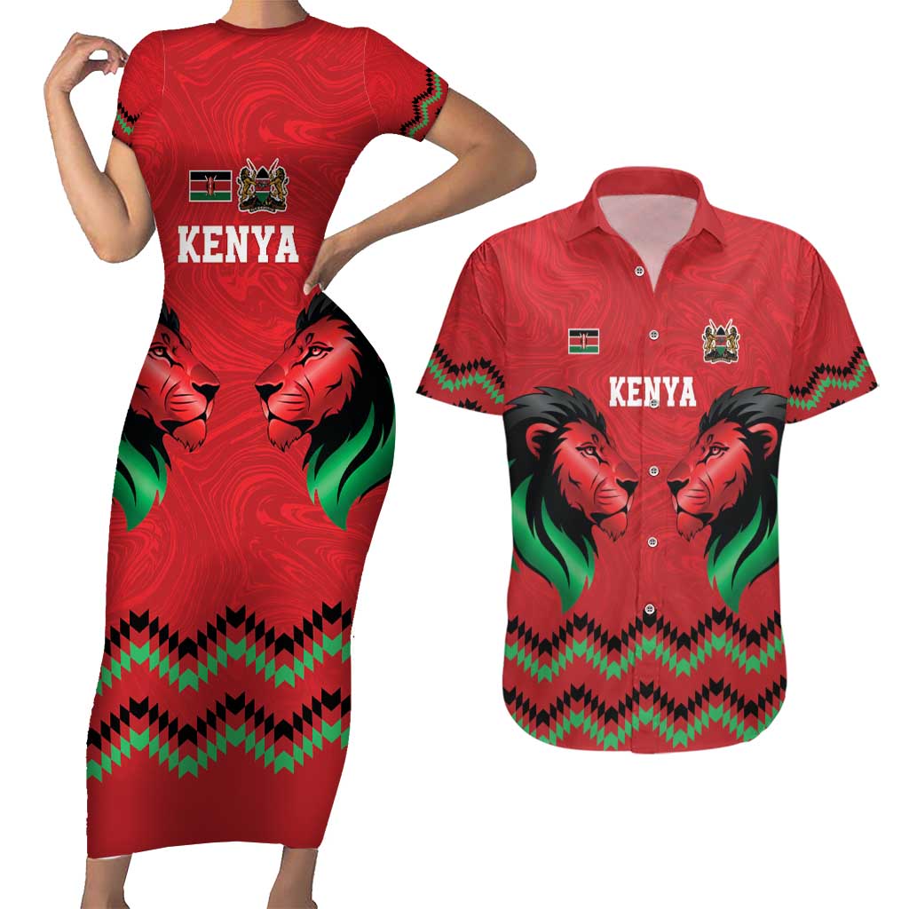 Kenya Cricket Custom Couples Matching Short Sleeve Bodycon Dress and Hawaiian Shirt Red Lion Head with Kenyan Pattern - Wonder Print Shop