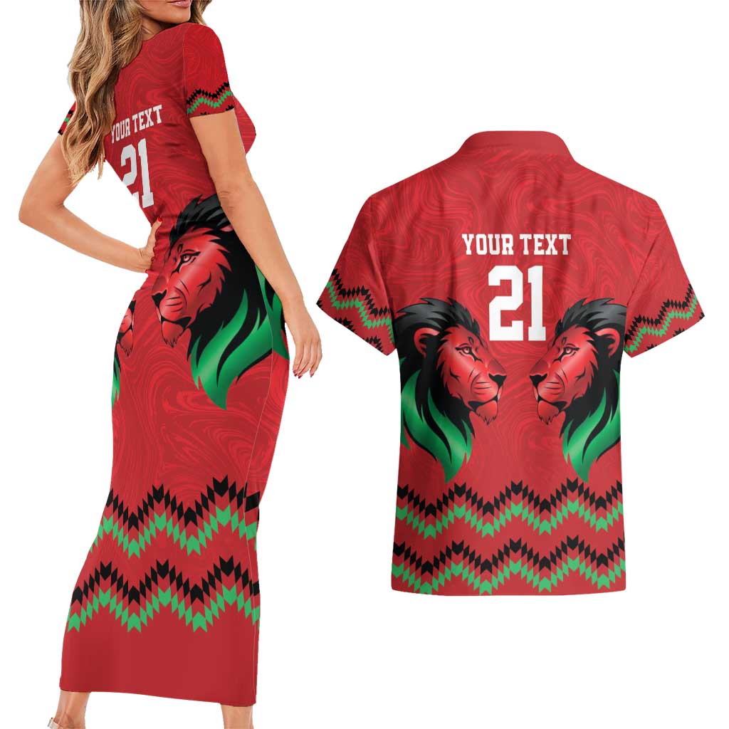 Kenya Cricket Custom Couples Matching Short Sleeve Bodycon Dress and Hawaiian Shirt Red Lion Head with Kenyan Pattern - Wonder Print Shop
