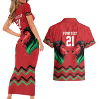 Kenya Cricket Custom Couples Matching Short Sleeve Bodycon Dress and Hawaiian Shirt Red Lion Head with Kenyan Pattern - Wonder Print Shop