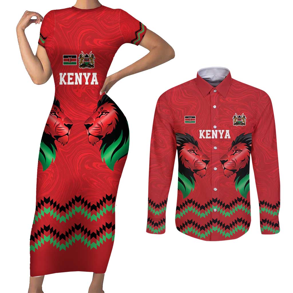 Kenya Cricket Custom Couples Matching Short Sleeve Bodycon Dress and Long Sleeve Button Shirt Red Lion Head with Kenyan Pattern - Wonder Print Shop
