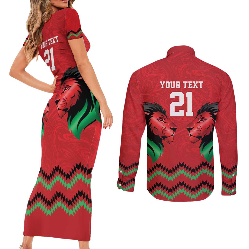 Kenya Cricket Custom Couples Matching Short Sleeve Bodycon Dress and Long Sleeve Button Shirt Red Lion Head with Kenyan Pattern - Wonder Print Shop