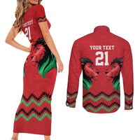Kenya Cricket Custom Couples Matching Short Sleeve Bodycon Dress and Long Sleeve Button Shirt Red Lion Head with Kenyan Pattern - Wonder Print Shop