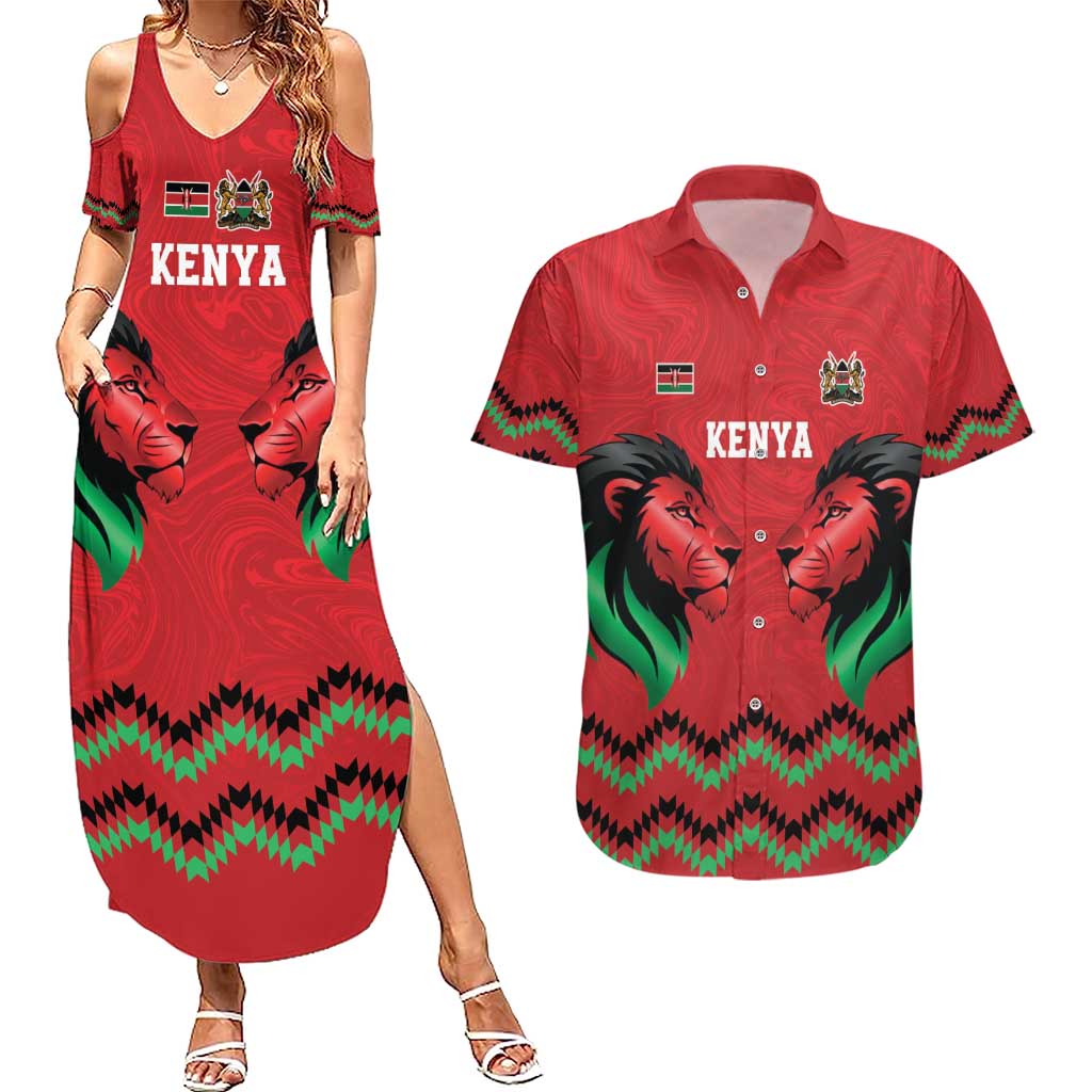 Kenya Cricket Custom Couples Matching Summer Maxi Dress and Hawaiian Shirt Red Lion Head with Kenyan Pattern - Wonder Print Shop