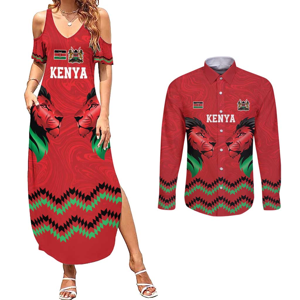Kenya Cricket Custom Couples Matching Summer Maxi Dress and Long Sleeve Button Shirt Red Lion Head with Kenyan Pattern - Wonder Print Shop