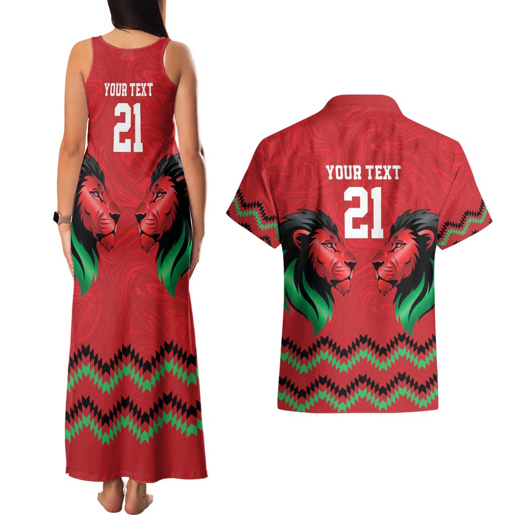 Kenya Cricket Custom Couples Matching Tank Maxi Dress and Hawaiian Shirt Red Lion Head with Kenyan Pattern - Wonder Print Shop
