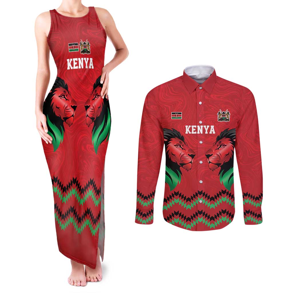 Kenya Cricket Custom Couples Matching Tank Maxi Dress and Long Sleeve Button Shirt Red Lion Head with Kenyan Pattern - Wonder Print Shop