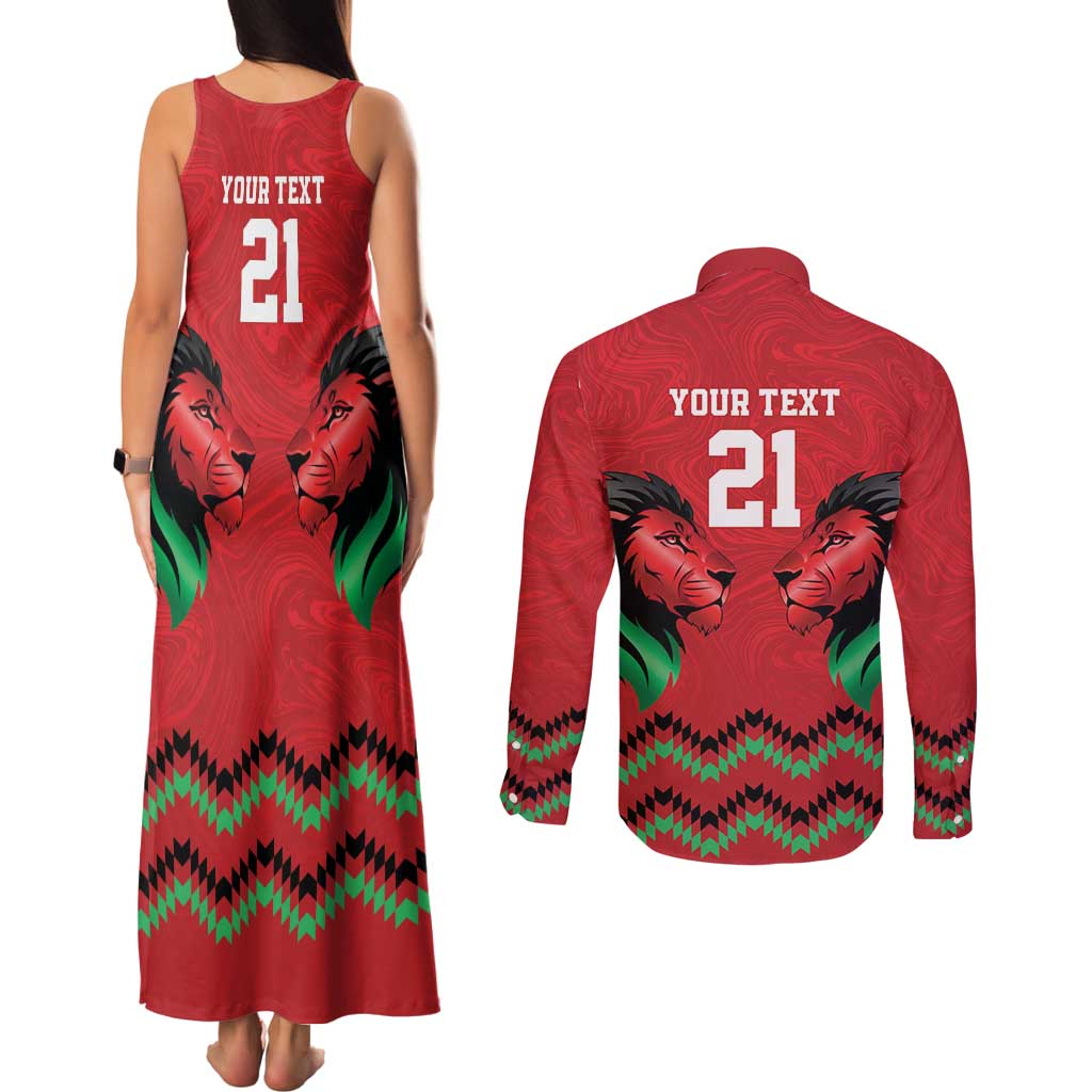 Kenya Cricket Custom Couples Matching Tank Maxi Dress and Long Sleeve Button Shirt Red Lion Head with Kenyan Pattern - Wonder Print Shop