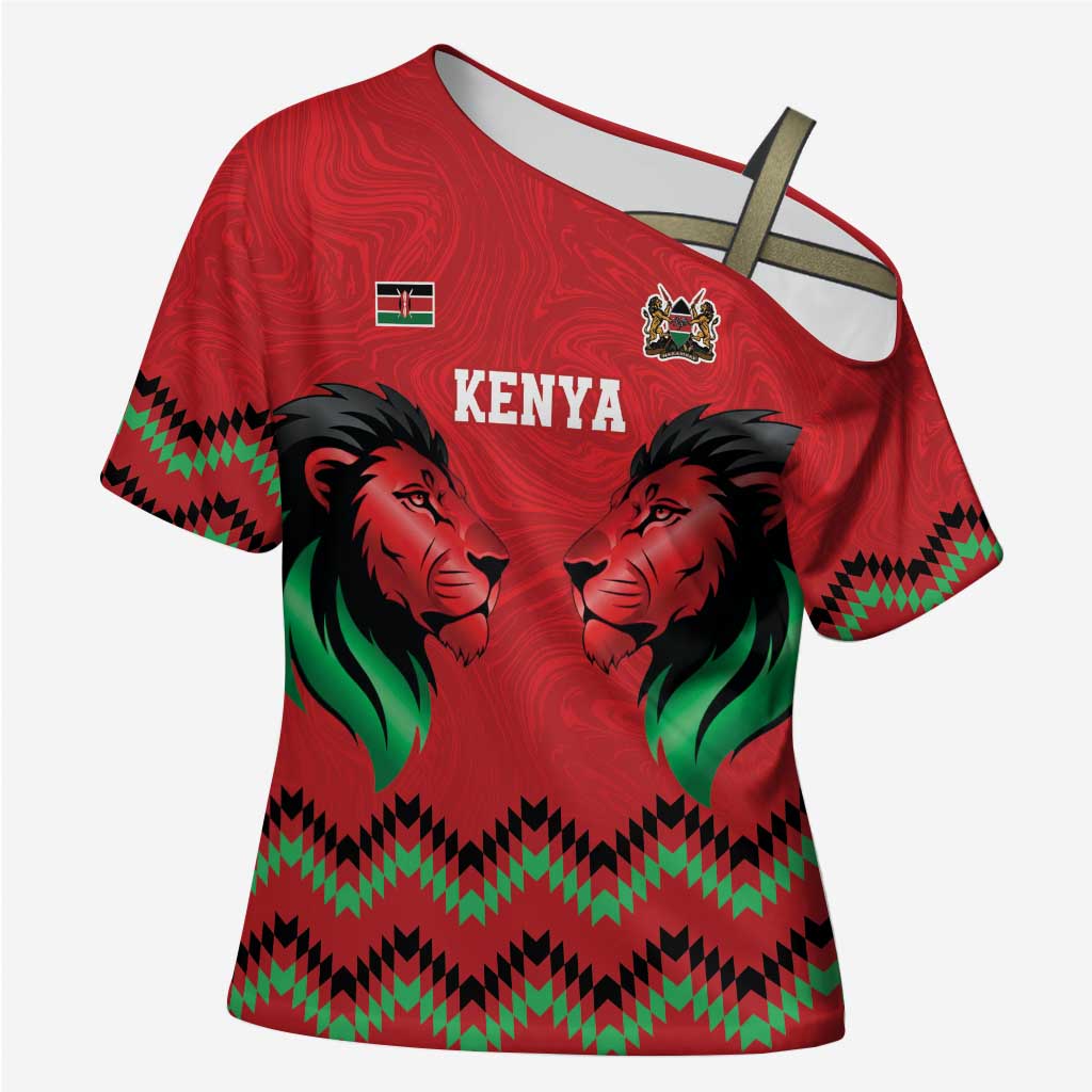 Kenya Cricket Custom Cross Shoulder Shirt Red Lion Head with Kenyan Pattern - Wonder Print Shop