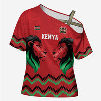 Kenya Cricket Custom Cross Shoulder Shirt Red Lion Head with Kenyan Pattern - Wonder Print Shop