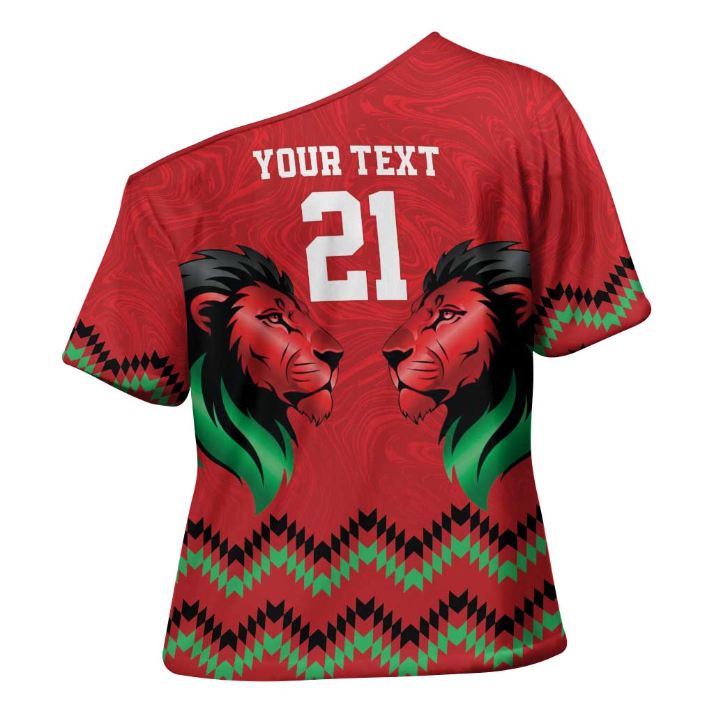 Kenya Cricket Custom Cross Shoulder Shirt Red Lion Head with Kenyan Pattern - Wonder Print Shop