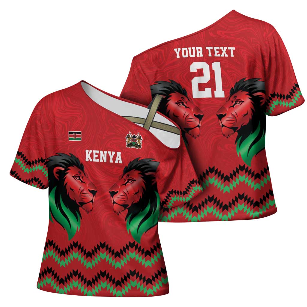 Kenya Cricket Custom Cross Shoulder Shirt Red Lion Head with Kenyan Pattern - Wonder Print Shop