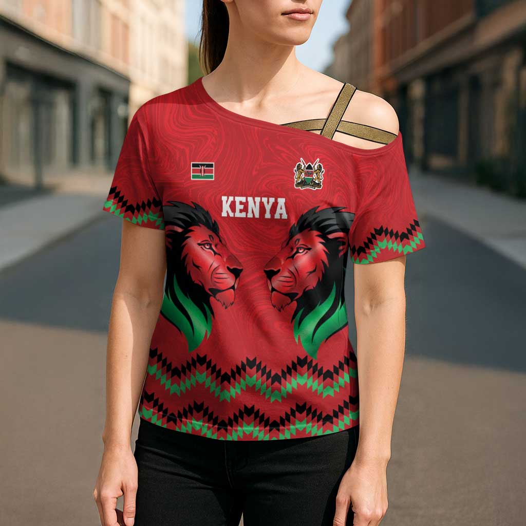 Kenya Cricket Custom Cross Shoulder Shirt Red Lion Head with Kenyan Pattern - Wonder Print Shop