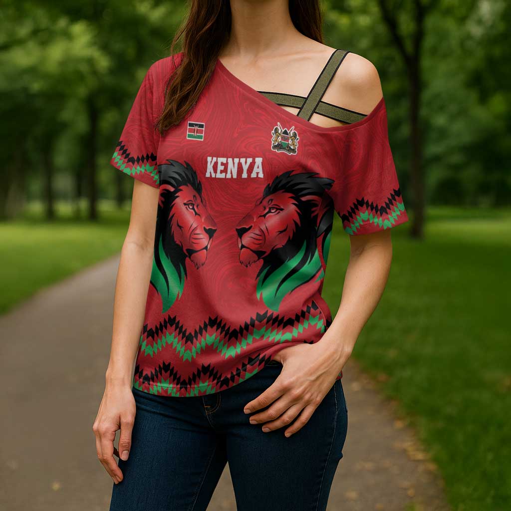 Kenya Cricket Custom Cross Shoulder Shirt Red Lion Head with Kenyan Pattern - Wonder Print Shop