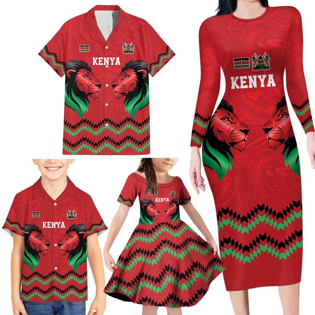Kenya Cricket Custom Family Matching Long Sleeve Bodycon Dress and Hawaiian Shirt Red Lion Head with Kenyan Pattern - Wonder Print Shop