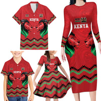 Kenya Cricket Custom Family Matching Long Sleeve Bodycon Dress and Hawaiian Shirt Red Lion Head with Kenyan Pattern - Wonder Print Shop