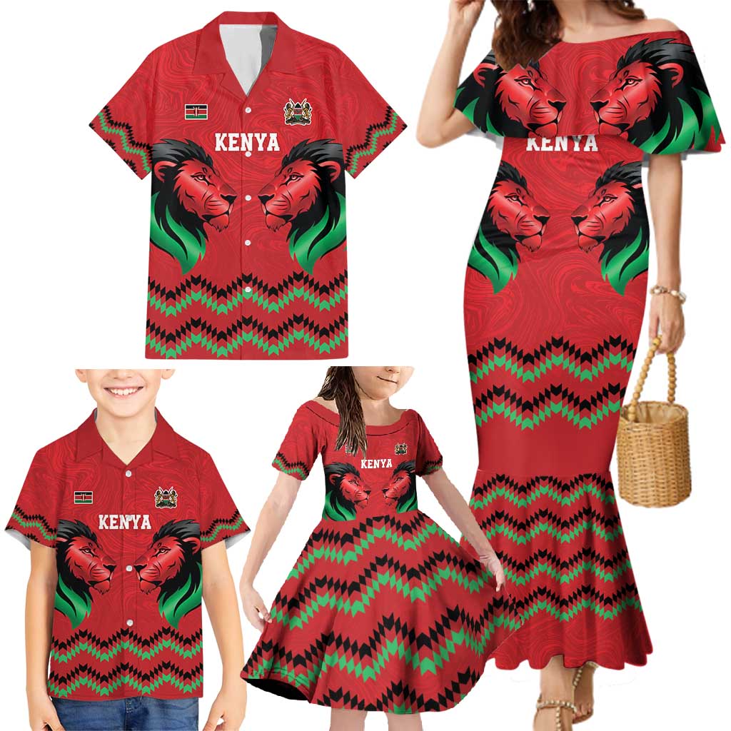 Kenya Cricket Custom Family Matching Mermaid Dress and Hawaiian Shirt Red Lion Head with Kenyan Pattern - Wonder Print Shop