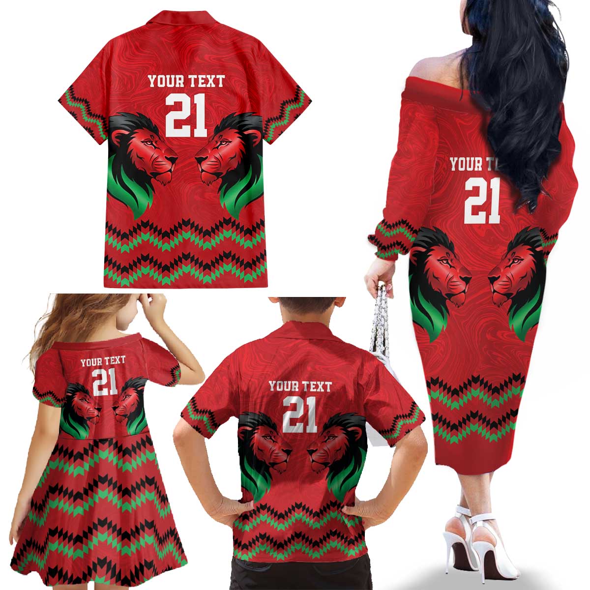 Kenya Cricket Custom Family Matching Off The Shoulder Long Sleeve Dress and Hawaiian Shirt Red Lion Head with Kenyan Pattern - Wonder Print Shop