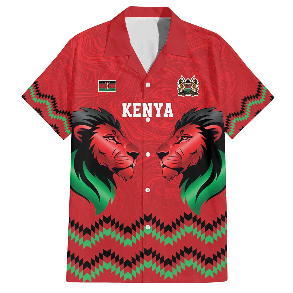 Kenya Cricket Custom Family Matching Off The Shoulder Long Sleeve Dress and Hawaiian Shirt Red Lion Head with Kenyan Pattern - Wonder Print Shop
