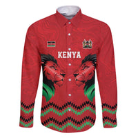 Kenya Cricket Custom Family Matching Off The Shoulder Long Sleeve Dress and Hawaiian Shirt Red Lion Head with Kenyan Pattern - Wonder Print Shop