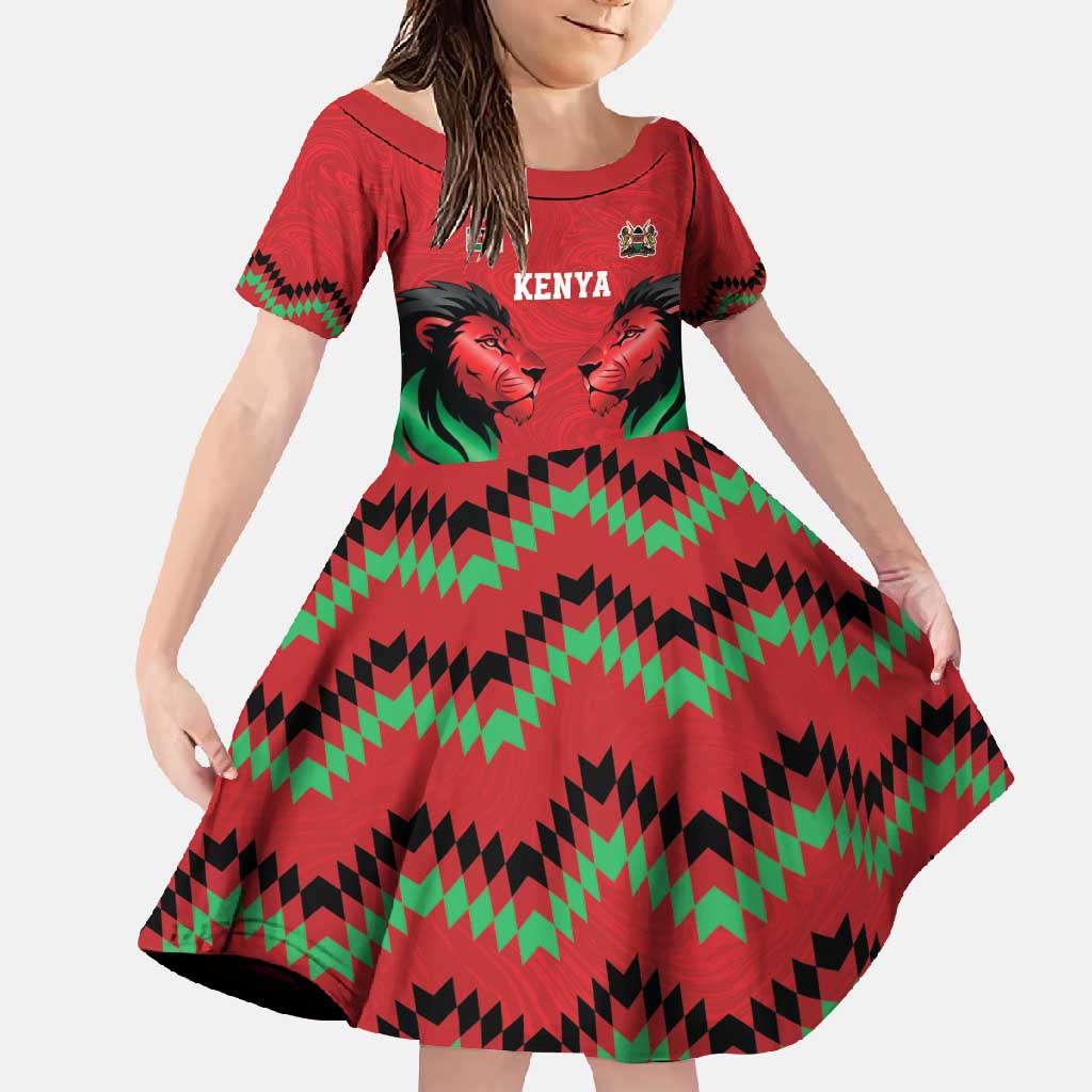 Kenya Cricket Custom Family Matching Off Shoulder Maxi Dress and Hawaiian Shirt Red Lion Head with Kenyan Pattern - Wonder Print Shop