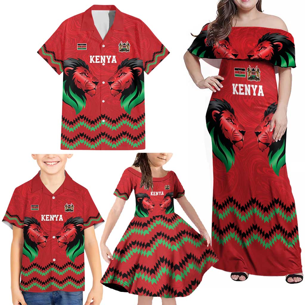 Kenya Cricket Custom Family Matching Off Shoulder Maxi Dress and Hawaiian Shirt Red Lion Head with Kenyan Pattern - Wonder Print Shop