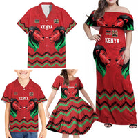 Kenya Cricket Custom Family Matching Off Shoulder Maxi Dress and Hawaiian Shirt Red Lion Head with Kenyan Pattern - Wonder Print Shop