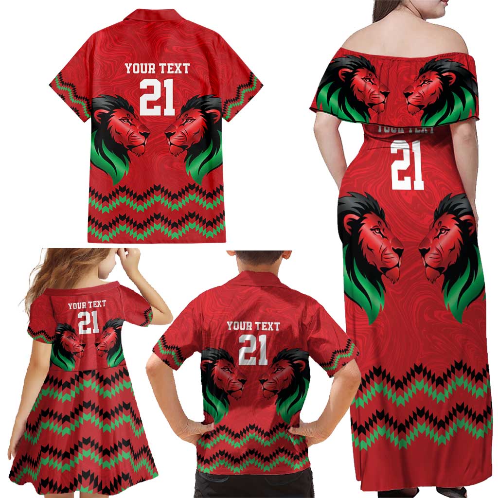 Kenya Cricket Custom Family Matching Off Shoulder Maxi Dress and Hawaiian Shirt Red Lion Head with Kenyan Pattern - Wonder Print Shop