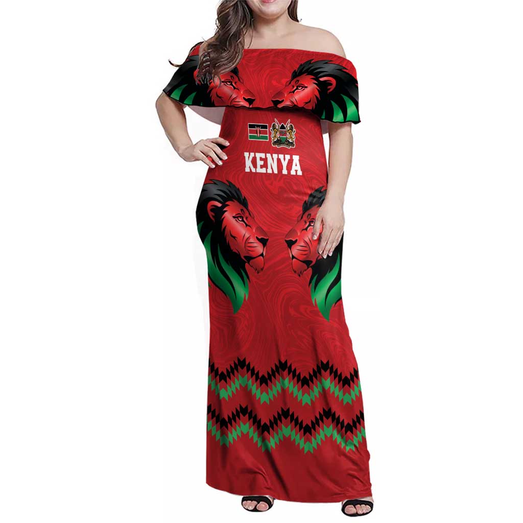 Kenya Cricket Custom Family Matching Off Shoulder Maxi Dress and Hawaiian Shirt Red Lion Head with Kenyan Pattern - Wonder Print Shop