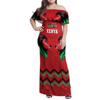 Kenya Cricket Custom Family Matching Off Shoulder Maxi Dress and Hawaiian Shirt Red Lion Head with Kenyan Pattern - Wonder Print Shop