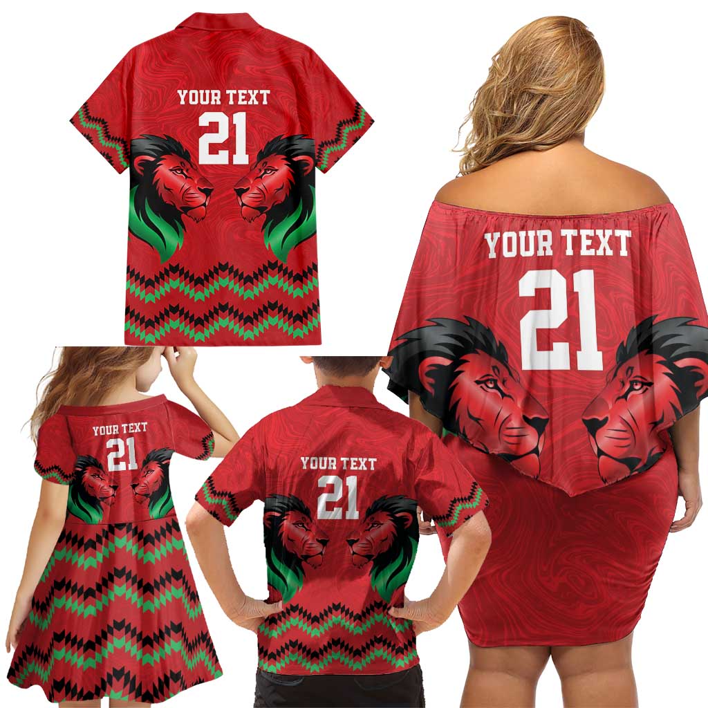 Kenya Cricket Custom Family Matching Off Shoulder Short Dress and Hawaiian Shirt Red Lion Head with Kenyan Pattern - Wonder Print Shop