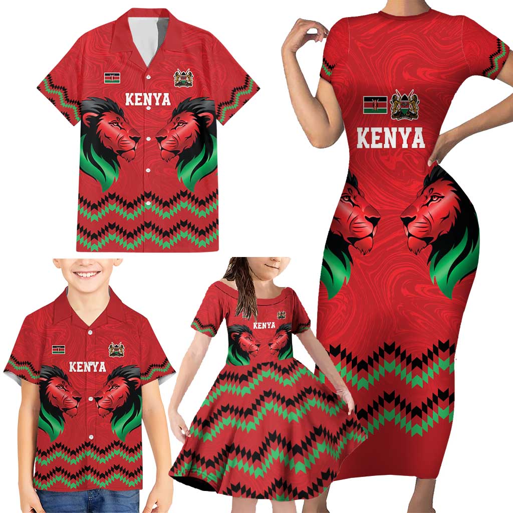 Kenya Cricket Custom Family Matching Short Sleeve Bodycon Dress and Hawaiian Shirt Red Lion Head with Kenyan Pattern - Wonder Print Shop