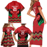 Kenya Cricket Custom Family Matching Short Sleeve Bodycon Dress and Hawaiian Shirt Red Lion Head with Kenyan Pattern - Wonder Print Shop