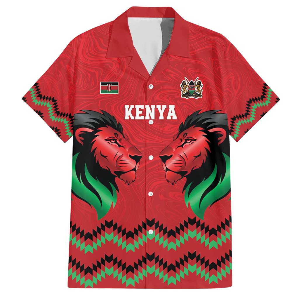 Kenya Cricket Custom Family Matching Short Sleeve Bodycon Dress and Hawaiian Shirt Red Lion Head with Kenyan Pattern - Wonder Print Shop