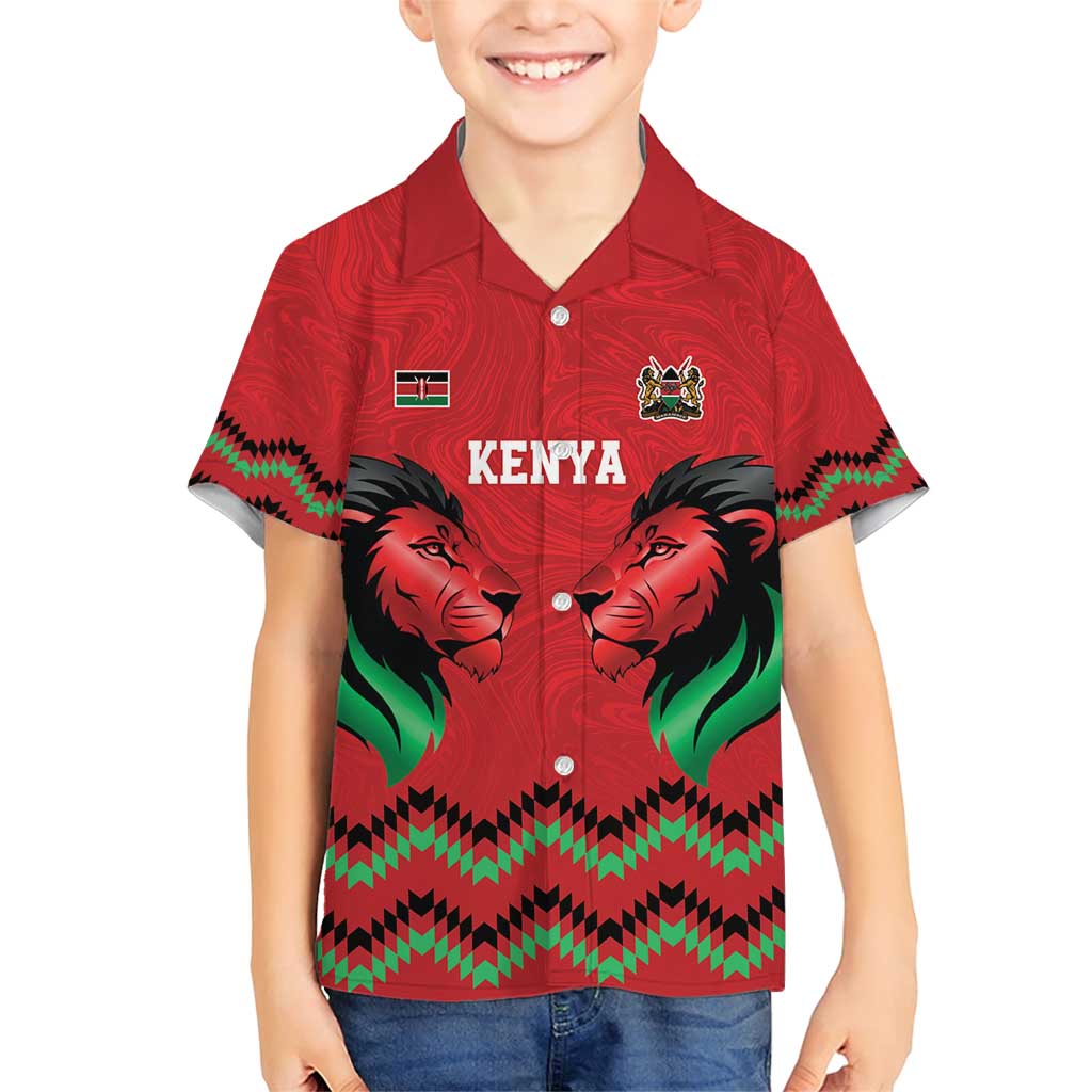Kenya Cricket Custom Family Matching Short Sleeve Bodycon Dress and Hawaiian Shirt Red Lion Head with Kenyan Pattern - Wonder Print Shop