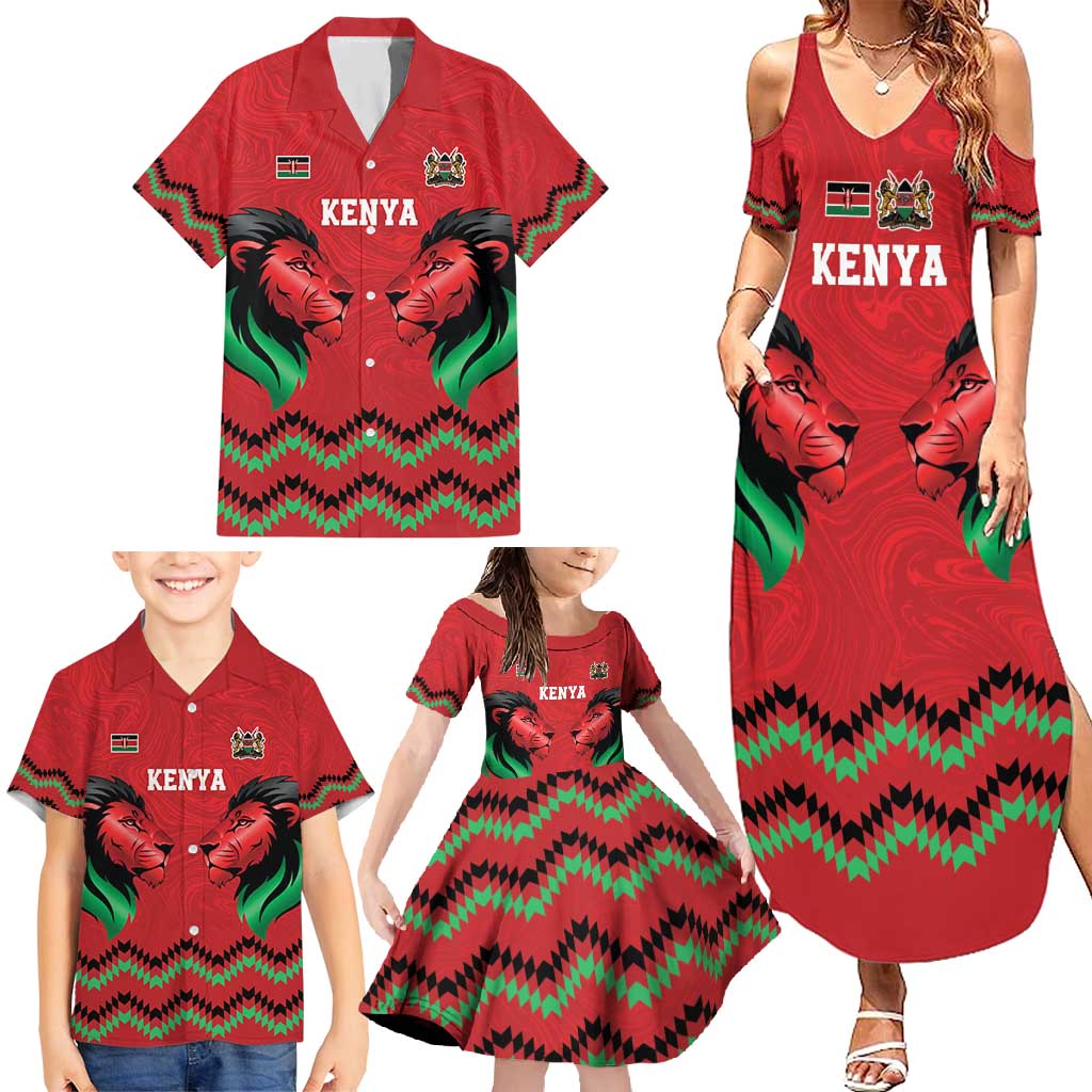 Kenya Cricket Custom Family Matching Summer Maxi Dress and Hawaiian Shirt Red Lion Head with Kenyan Pattern - Wonder Print Shop